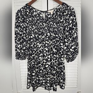 Terra & Sky Abstract Black White Smocked 3/4 Puff Keyhole Shirt Sz 1X